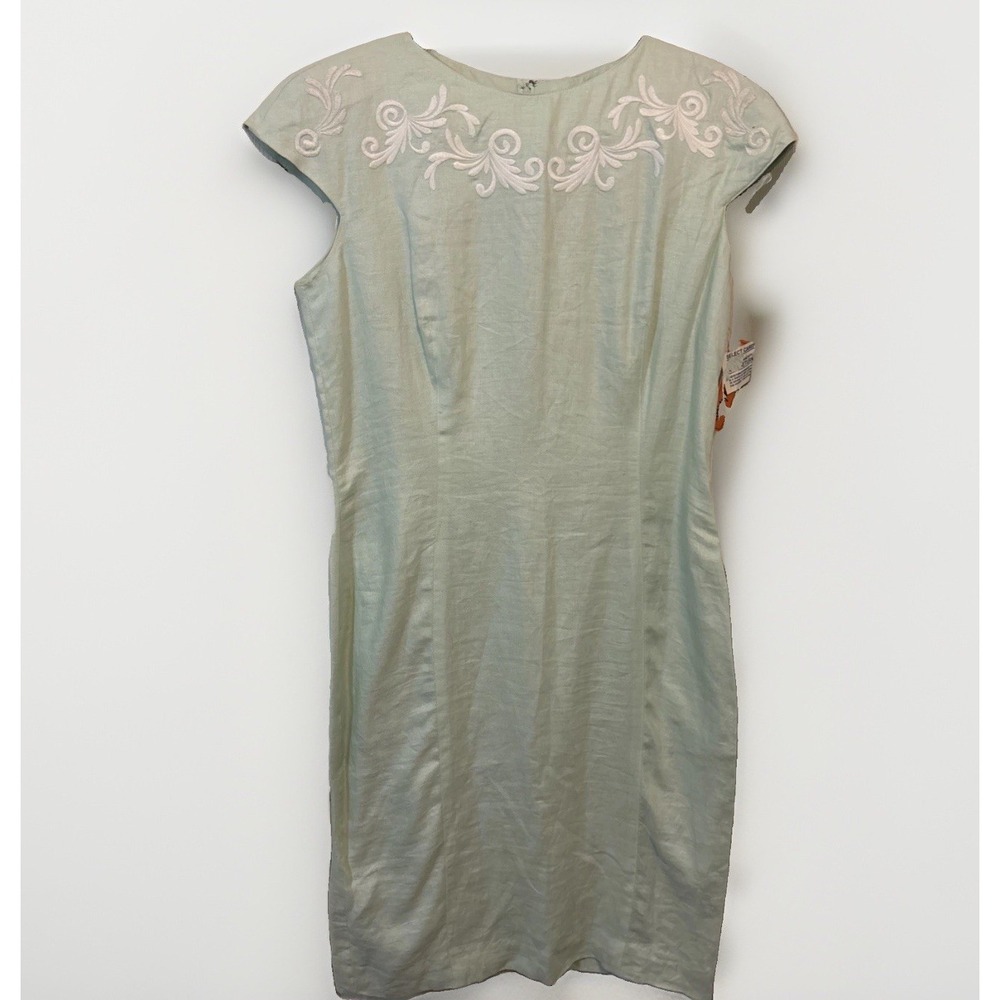 Vintage Loehmanns Back Door Mint Green Linen Midi Dress Embroidered Sz 14 NWT